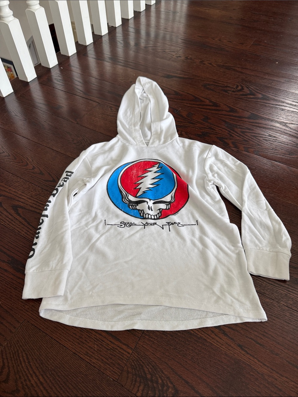 Unisex Grateful Dead White Hoodie with Red & Blue Steal Your Face Skull